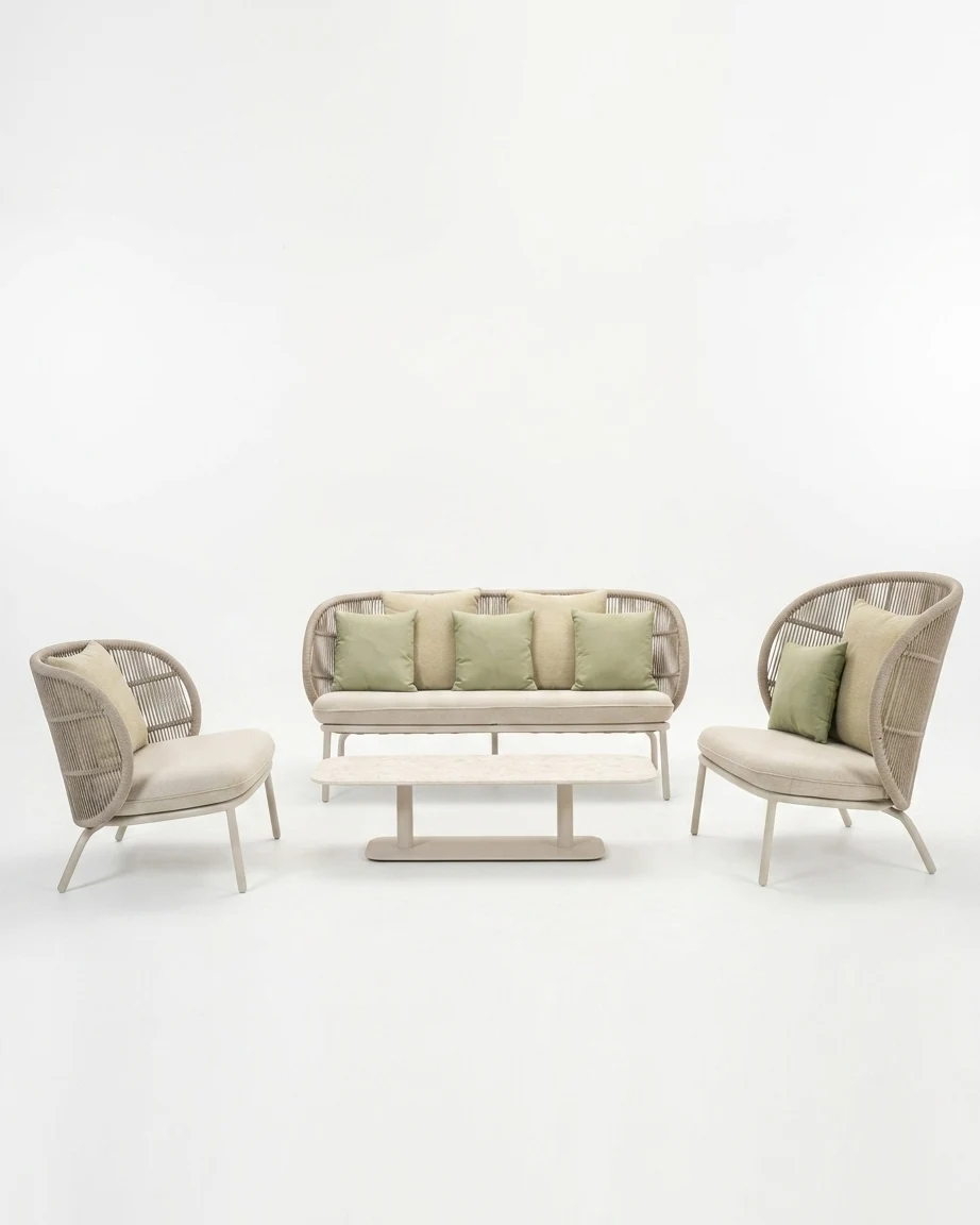 The Sereno High-Back Rope Lounge Set featuring a sophisticated curved high backrest with premium beige rope weave and a powder-coated aluminium frame.