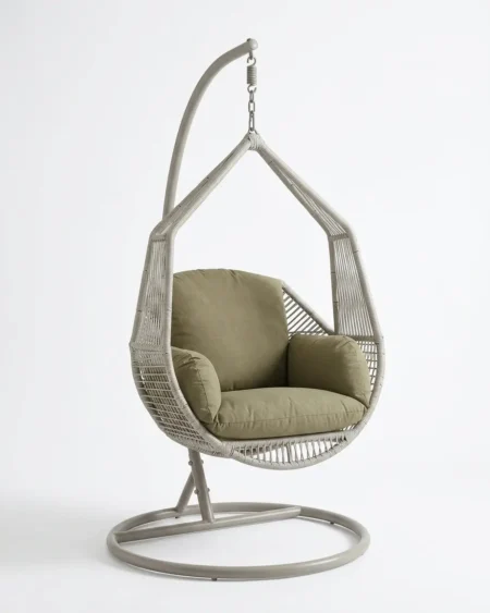 The Serrano Teardrop Hanging Chair featuring a grey rope weave and a heavy-duty self-standing base.