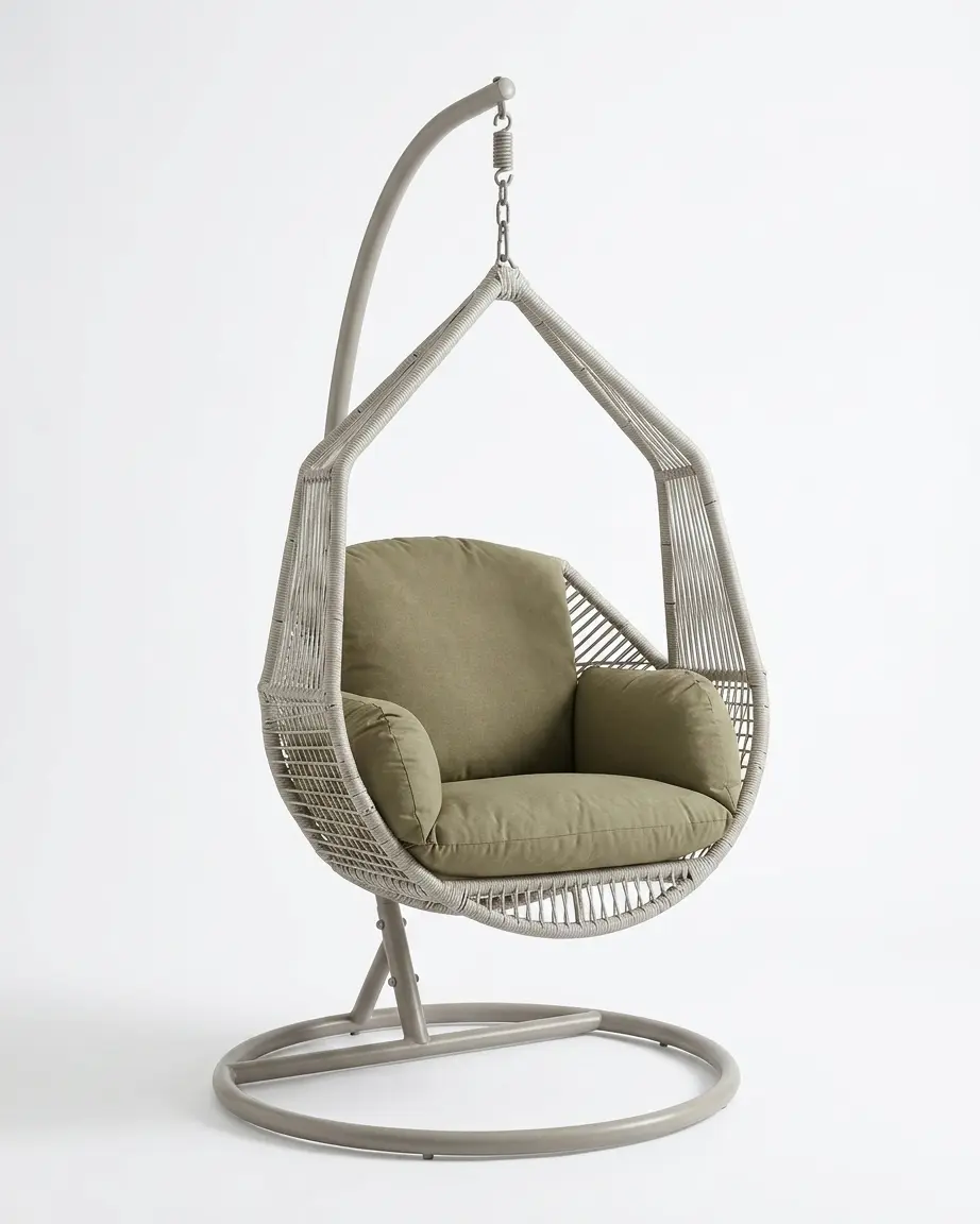 The Serrano Teardrop Hanging Chair featuring a grey rope weave and a heavy-duty self-standing base.