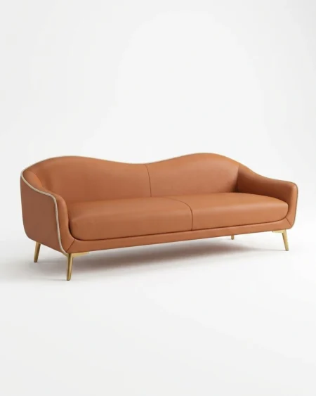 Luxury Sienna Wave-Back Leather Sofa featuring a solid kiln-dried wood frame, curved tan leather upholstery, and elegant gold legs for living rooms.