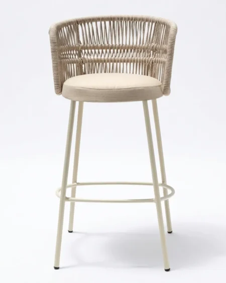 Premium cream marine-grade aluminium Silvermere bar stool with UV-stabilized rope weave and cushioned seat for luxury hotels.