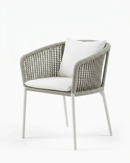 Luxury grey marine-grade aluminium Snowdon lattice weave armchair with UV-stabilized rope and white cushion for commercial outdoor dining sets.
