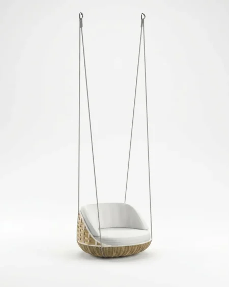 The Solano Basket Weave Hanging Chair featuring a minimalist ceiling-hung design and premium natural rattan weave.