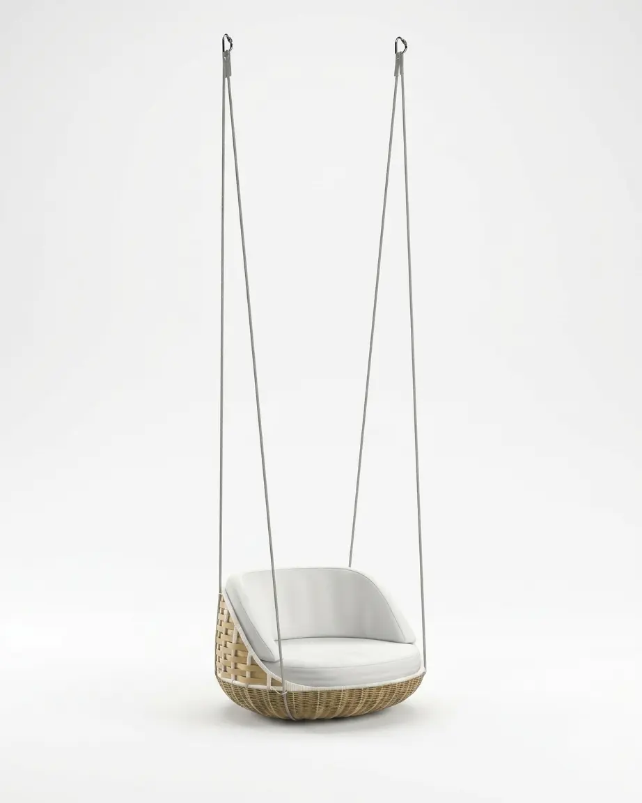 The Solano Basket Weave Hanging Chair featuring a minimalist ceiling-hung design and premium natural rattan weave.