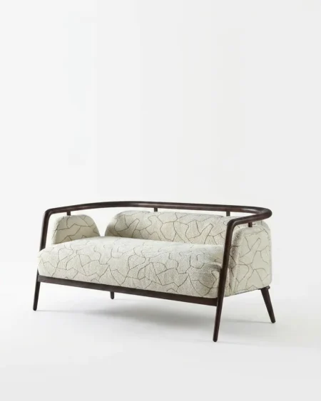 Luxury Solene Wooden-Frame Boucle Sofa featuring a striking exposed solid teak wood frame and premium textured boucle upholstery for living rooms.