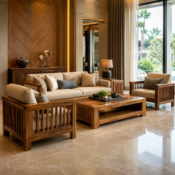 Factory-direct solid wood furniture manufactured for villas, farmhouses, and hotels in Nashik.