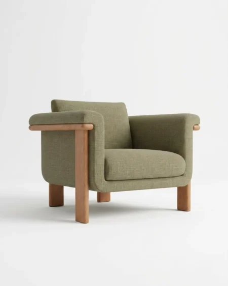 Luxury Solmara Lounge Chair featuring a solid oak wood frame, rolled bolster arms, and premium olive woven fabric.