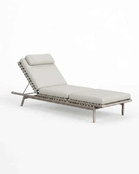 Luxury Solstice rope-rung sun lounger featuring an architectural aluminium frame and UV-stabilized synthetic rope detailing, manufactured for high-end resorts.