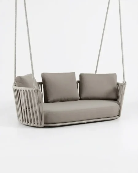The Solvani Rope Weave Two Seater Swing featuring a minimalist ceiling-hung curved design and premium grey rope weave.