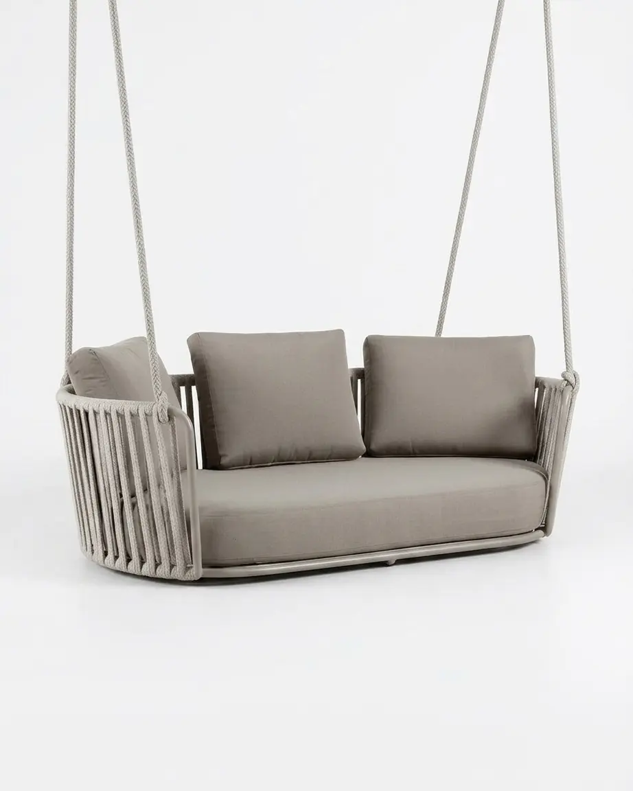 The Solvani Rope Weave Two Seater Swing featuring a minimalist ceiling-hung curved design and premium grey rope weave.