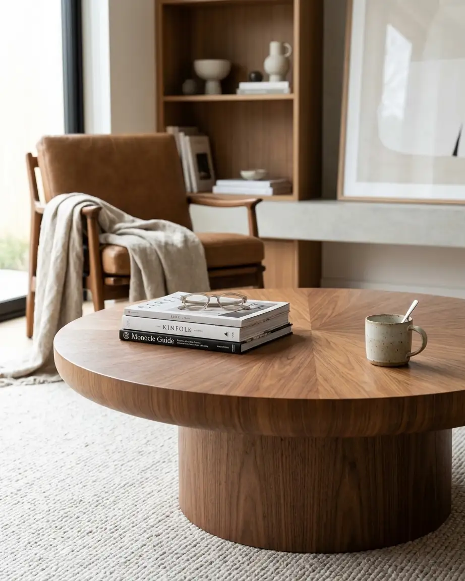 Close up detail of Sorrento Pedestal Center Table wood design