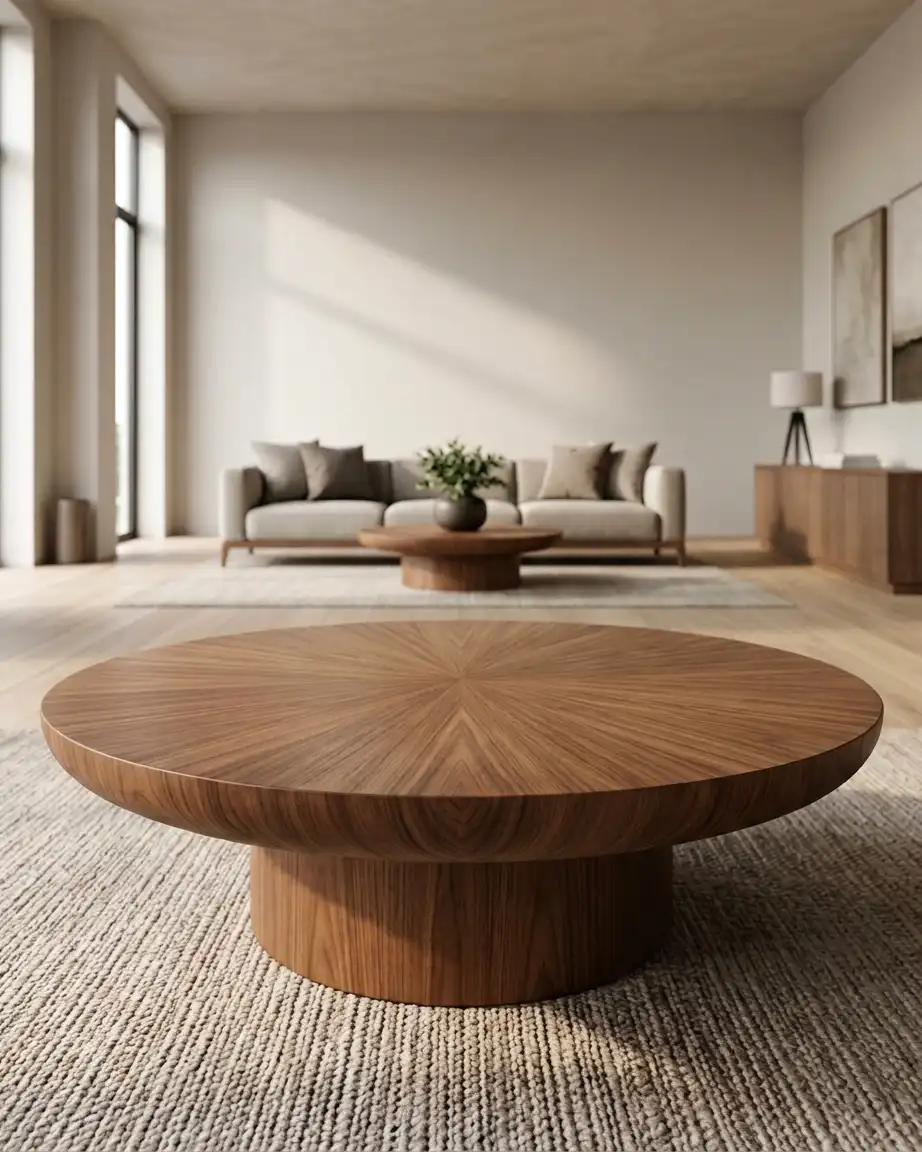 Close up detail of Sorrento Pedestal Center Table wood design