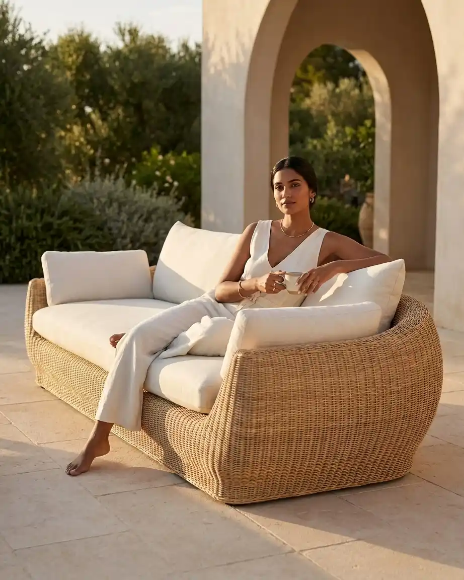 Close up of the high-quality weather resistant white fabric and rattan detailing by a premium spa lobby lounge seating manufacturer.