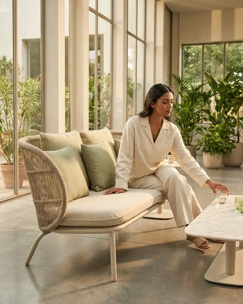 The Sereno model displayed as luxury spa resort seating set bulk order installed in a premium wellness center.
