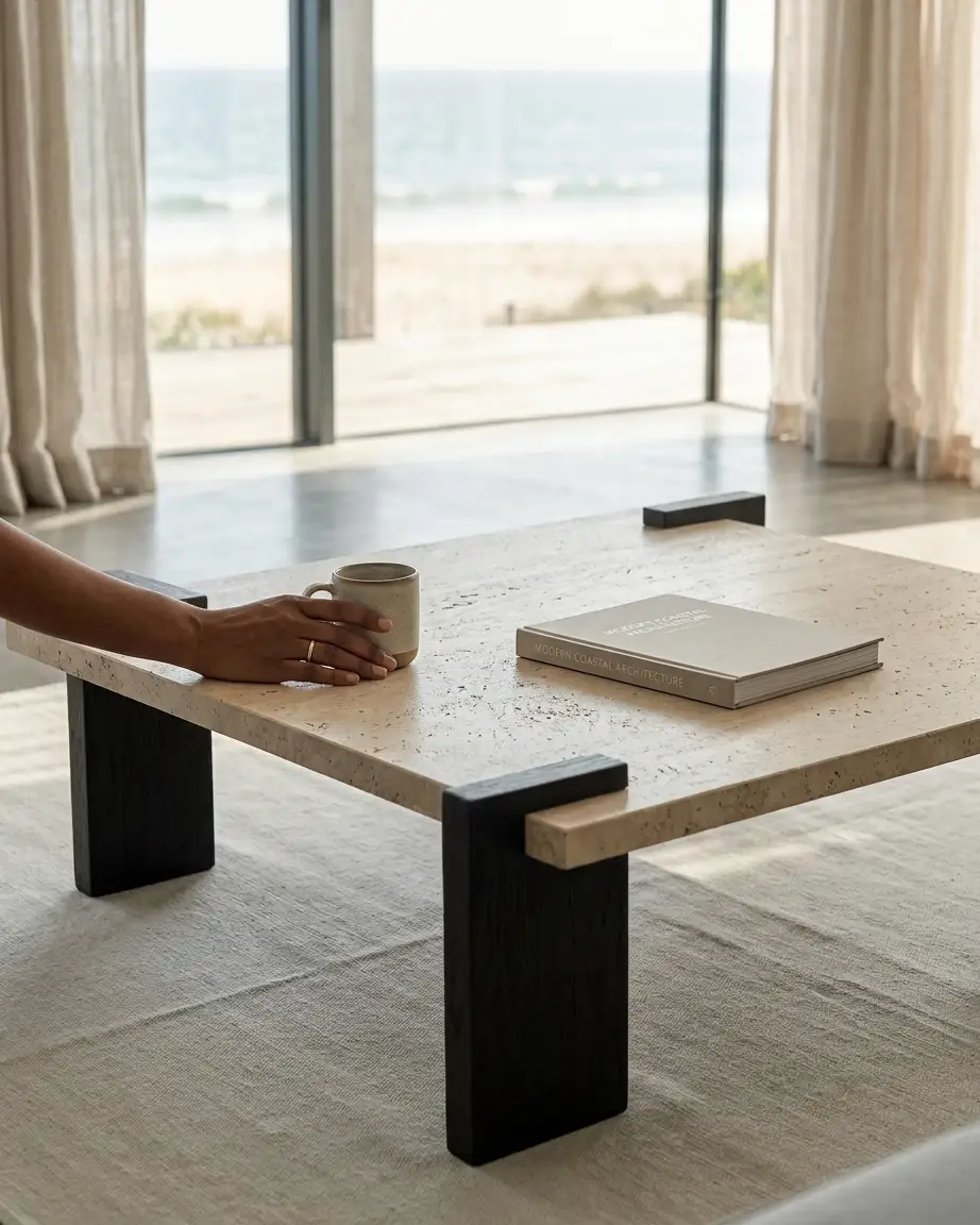 A top-down angle of the square travertine coffee table showcasing the natural beige stone texture.
