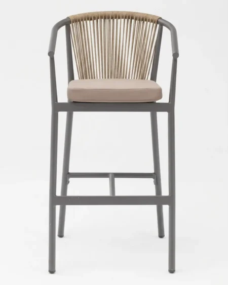 Marine-grade sterling vertical-weave bar stool with anthracite powder-coated frame and sand cushion