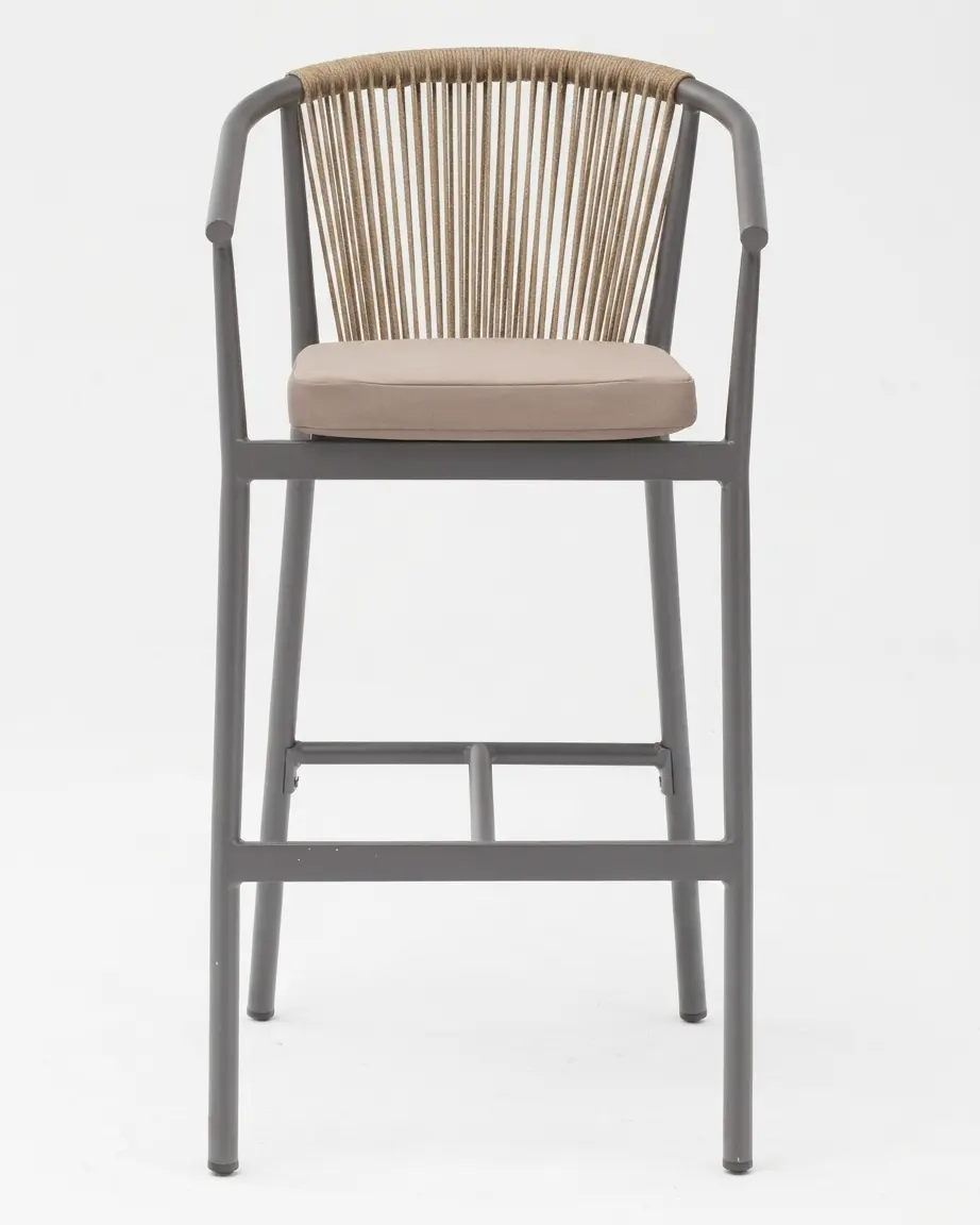Marine-grade sterling vertical-weave bar stool with anthracite powder-coated frame and sand cushion