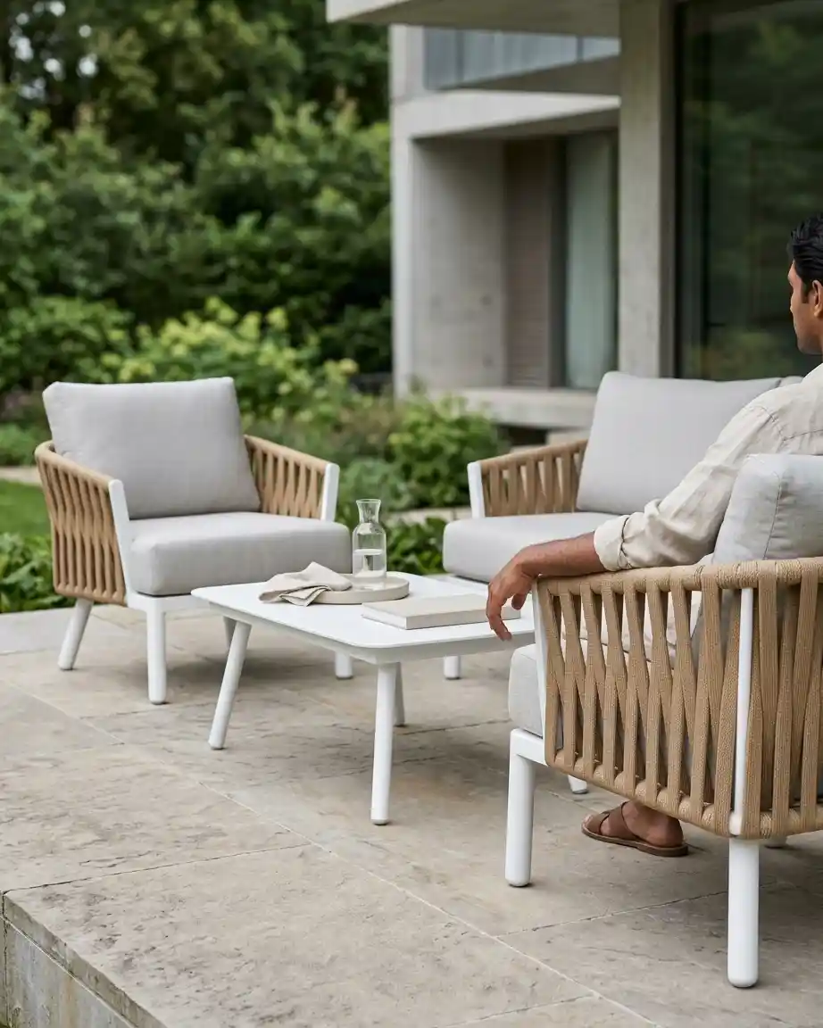 Side profile of the strap weave sofa set highlighting the ergonomic seating and high-density waterproof cushions.