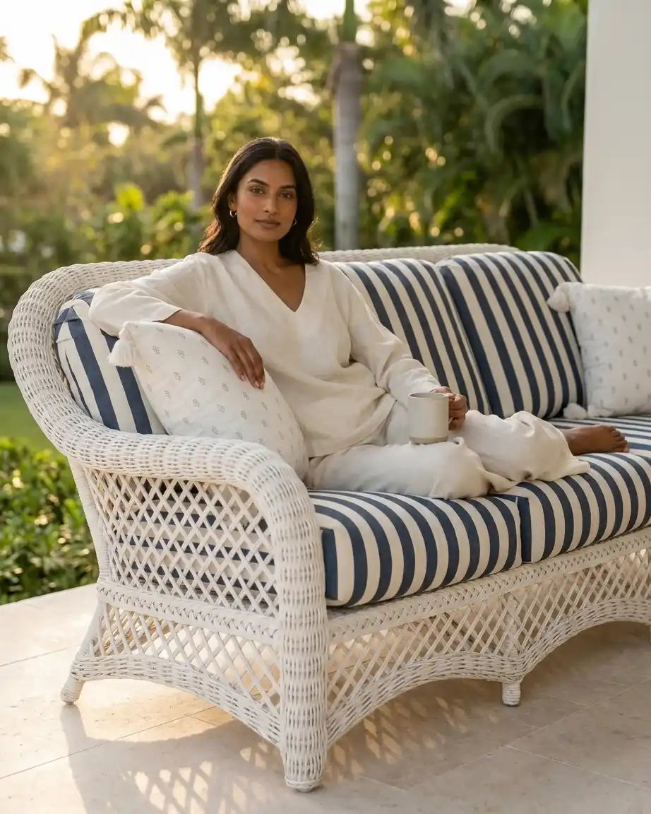 Close up of the high-quality weather resistant navy striped fabric and white wicker detailing by a premium coastal furniture manufacturer.