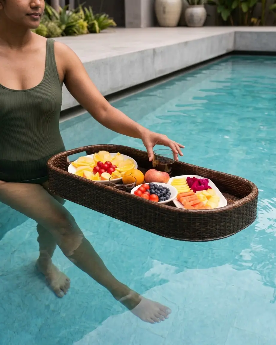Top angle of the swimming pool tray floating flawlessly on the water, highlighting its deep woven borders and secure cutout handles.