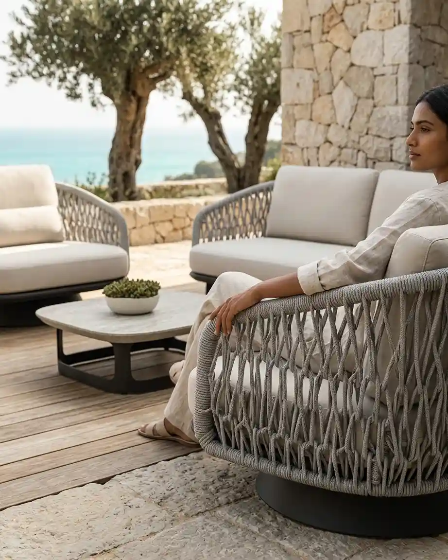 Side profile of the curved sofa and swivel armchair highlighting the intricate diamond mesh and high-density waterproof beige cushions.