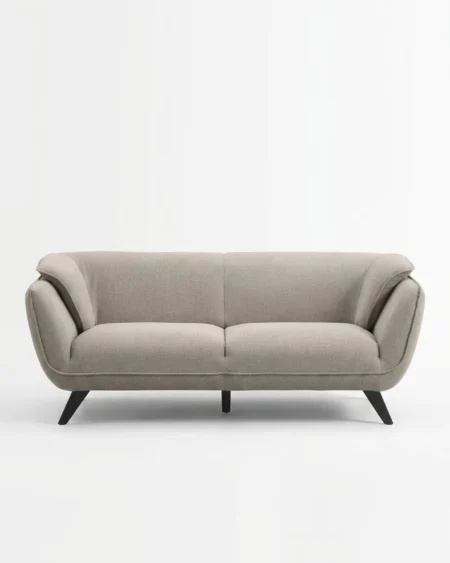 Luxury Talora Winged-Arm Fabric Sofa featuring a solid kiln-dried wood frame, sculpted flared armrests, black tapered legs, and grey textured fabric for living rooms.