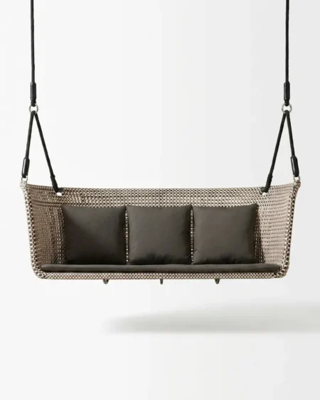The Tarano Woven Three Seater Swing featuring a minimalist ceiling-hung design and premium two-tone rope weave.
