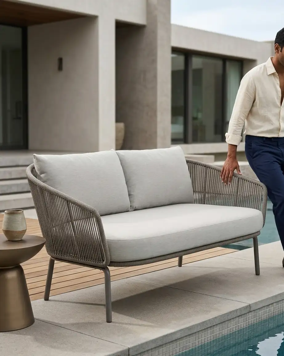 Close up of the high-quality weather resistant taupe fabric and rope detailing by a premium taupe outdoor sofa manufacturer.