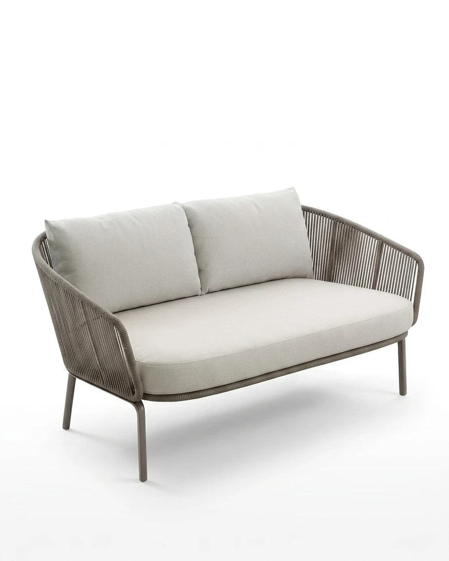 The Taupe Tub Rope Loveseat featuring a sophisticated curved back design with premium vertical rope weave and a powder-coated metal frame.