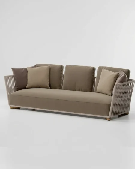 The Taupe Vertical Rope Slat Sofa featuring a sophisticated modern design with premium taupe vertical rope weave and wooden bun feet.
