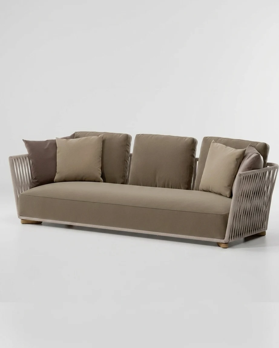 The Taupe Vertical Rope Slat Sofa featuring a sophisticated modern design with premium taupe vertical rope weave and wooden bun feet.