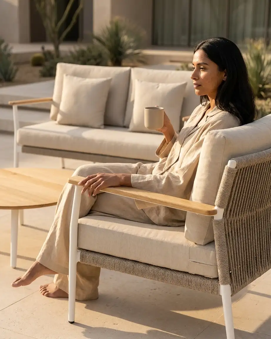 Close up of the intricate UV-stabilized rope weave and teak wood armrests on the teak aluminium sofa set.