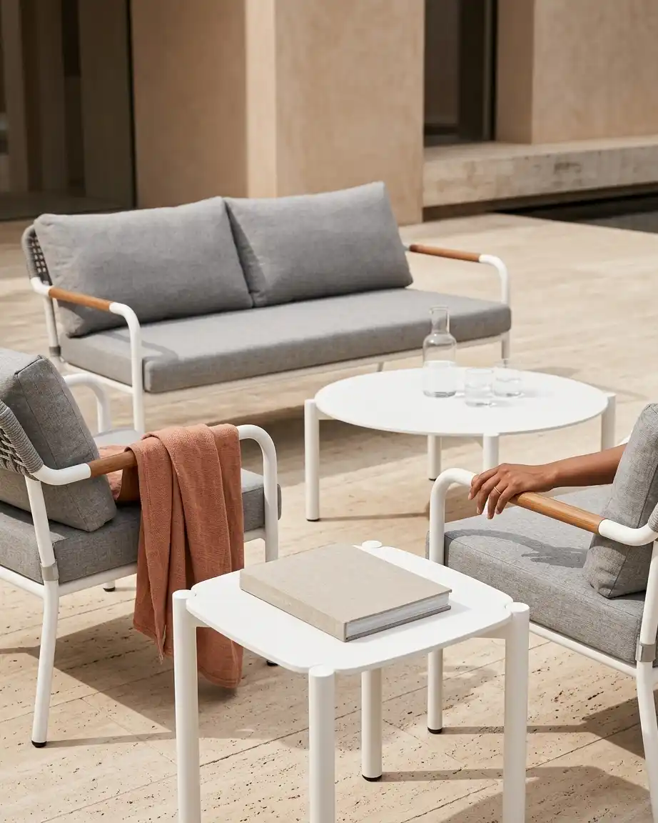 Side profile of the teak aluminium sofa set highlighting the teak wood armrests and high-density waterproof cushions.