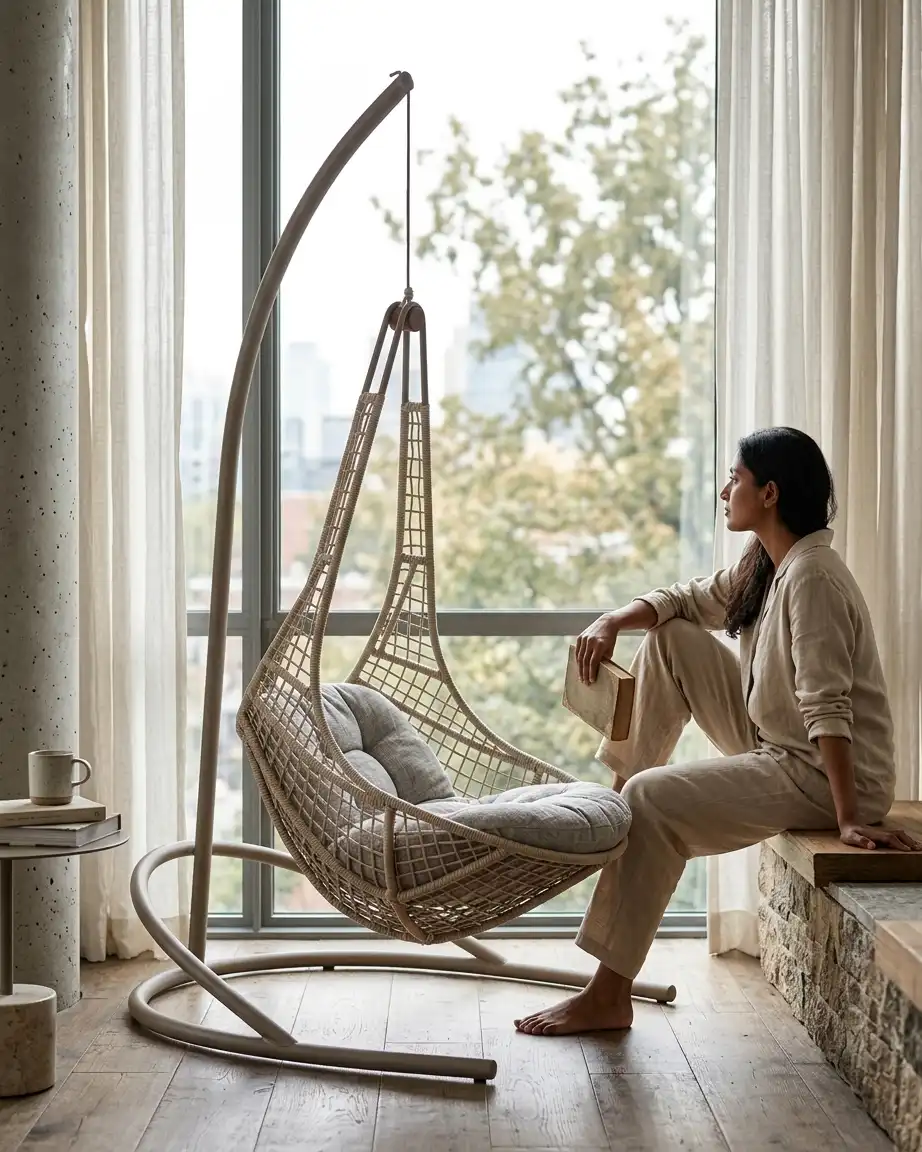 Side profile of the teardrop hanging egg chair showcasing the deep teardrop seating and high-density waterproof olive cushions.