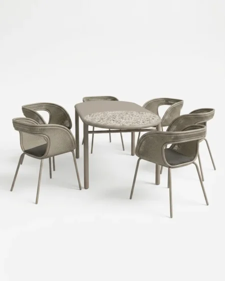 Luxury marine-grade aluminium Terrazzo cocoon 6-seater dining set with UV-stabilized rope wrapped chairs and a terrazzo finish table for commercial outdoor dining sets.