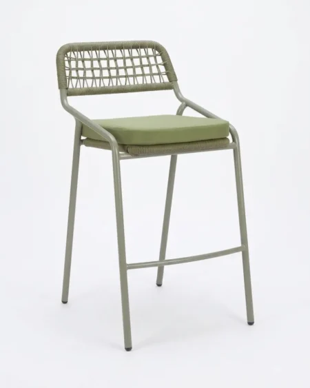 Marine-grade thorne bar stool with olive green powder-coated frame and square grid rope weave