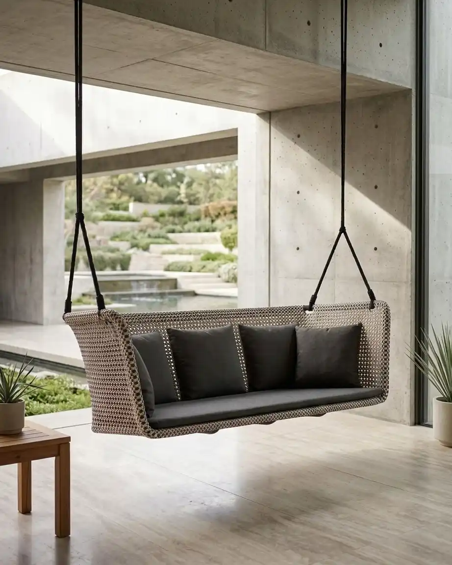 Side profile of the three seater hanging swing bench showcasing the wide seating and high-density waterproof black cushions.