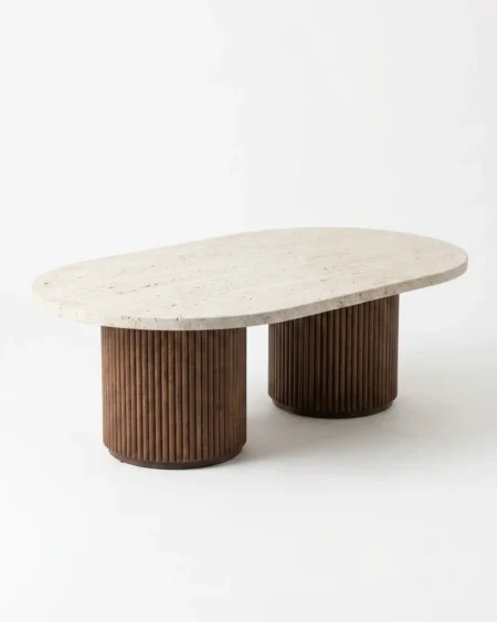 Top view of the Tivoli Travertine Center Table showing the beige natural stone top and twin fluted wood pedestal bases.