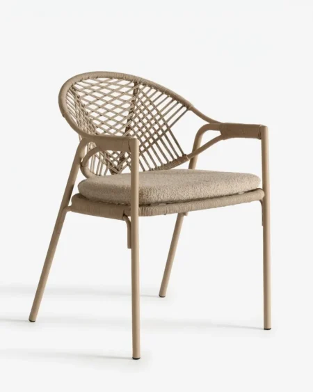 Luxury sand beige marine-grade aluminium Toffee lattice-weave armchair with UV-stabilized rope and boucle cushion for commercial outdoor dining sets.