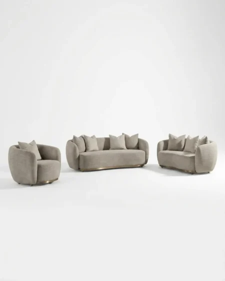 Luxury Torino Rounded Boucle Sofa Set featuring a solid kiln-dried wood frame, curved 3-piece layout with swivel chair, grey boucle fabric, and bronze base for living rooms.
