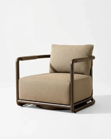 The Torque Swivel Lounge Sofa Chair featuring a sophisticated tubular metal frame with a rotating base and rope-wrapped armrests.