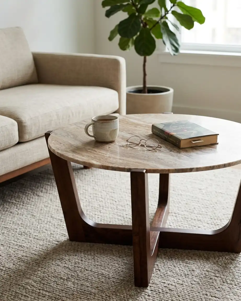 The Kessler center table showcased in a luxury villa lounge setting, highlighting its mid-century modern aesthetic.