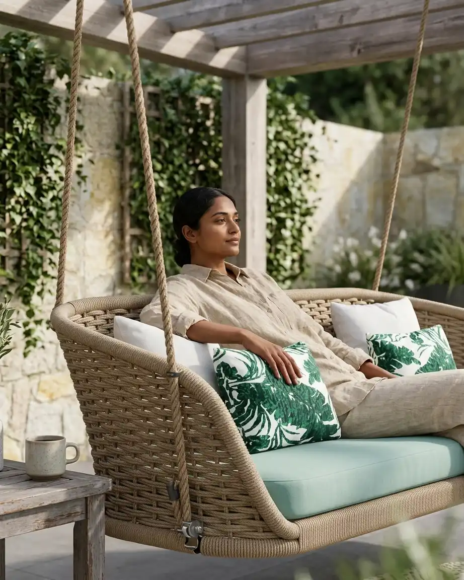Side profile of the two seater hanging swing bench showcasing the wide seating and high-density waterproof mint cushions.