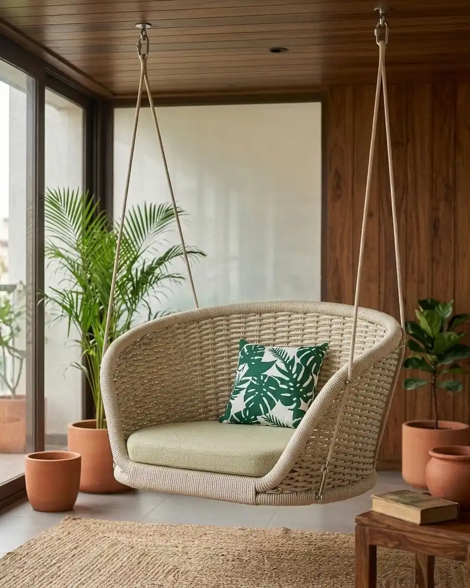 Side profile of the two seater hanging swing chair showcasing the wide bench seating and high-density waterproof cushions.