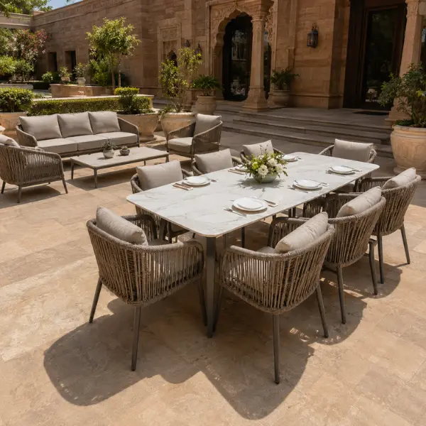 UV-stabilized outdoor furniture featuring marine-grade aluminium frames, built for Gwalior's extreme summer heat and dust storms.