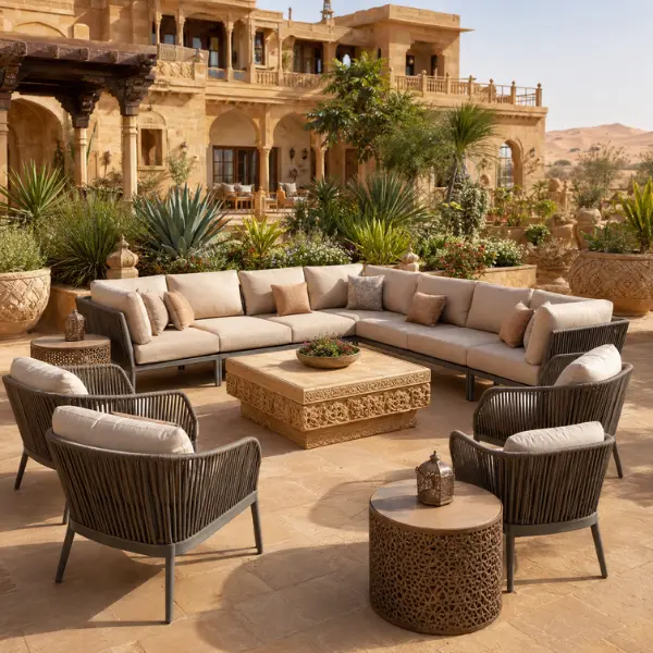 UV-stabilized outdoor furniture engineered for Jaisalmer's extreme desert heat and dust, featuring rust-proof aluminium frames.