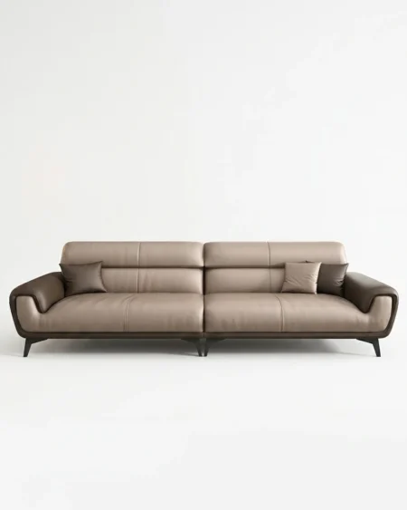 Luxury Vantano Two-Tone Leather Sofa featuring a solid kiln-dried wood frame, striking taupe and brown contrast leather on the arms, and dark metal legs for living rooms.