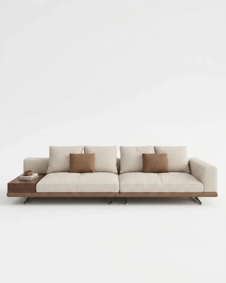 Luxury Vantera Wood-Deck Fabric Sofa featuring a solid kiln-dried wood frame, an integrated exposed walnut-finish timber ledge, and linen fabric for living rooms.