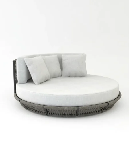Luxury Vasari rope round outdoor daybed featuring a rust-proof aluminium frame and UV-stabilized grey synthetic rope, manufactured for high-end resorts.