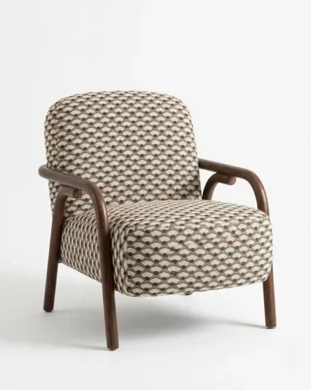 Luxury Vellante Lounge Chair featuring sweeping solid wood bentwood arms and a premium retro printed jacquard fabric.